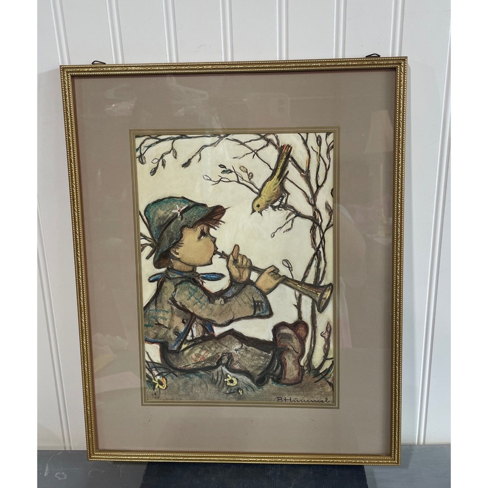 Vintage Berta Hummel Lithograph Boy Playing Horn for Bird Gold Framed Art 12x15